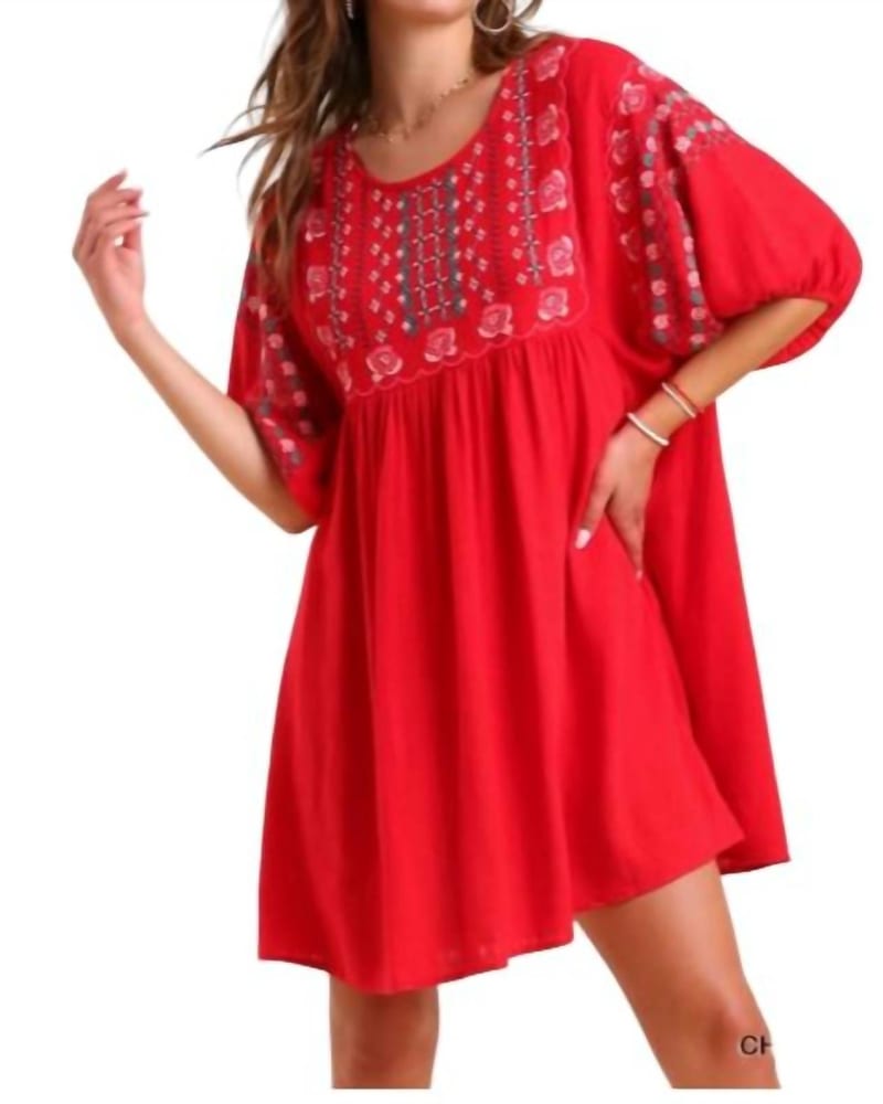 Front of a model wearing a size L Floral Embroidered Dress in Cherry Red in Cherry Red by Umgee. | dia_product_style_image_id:364211